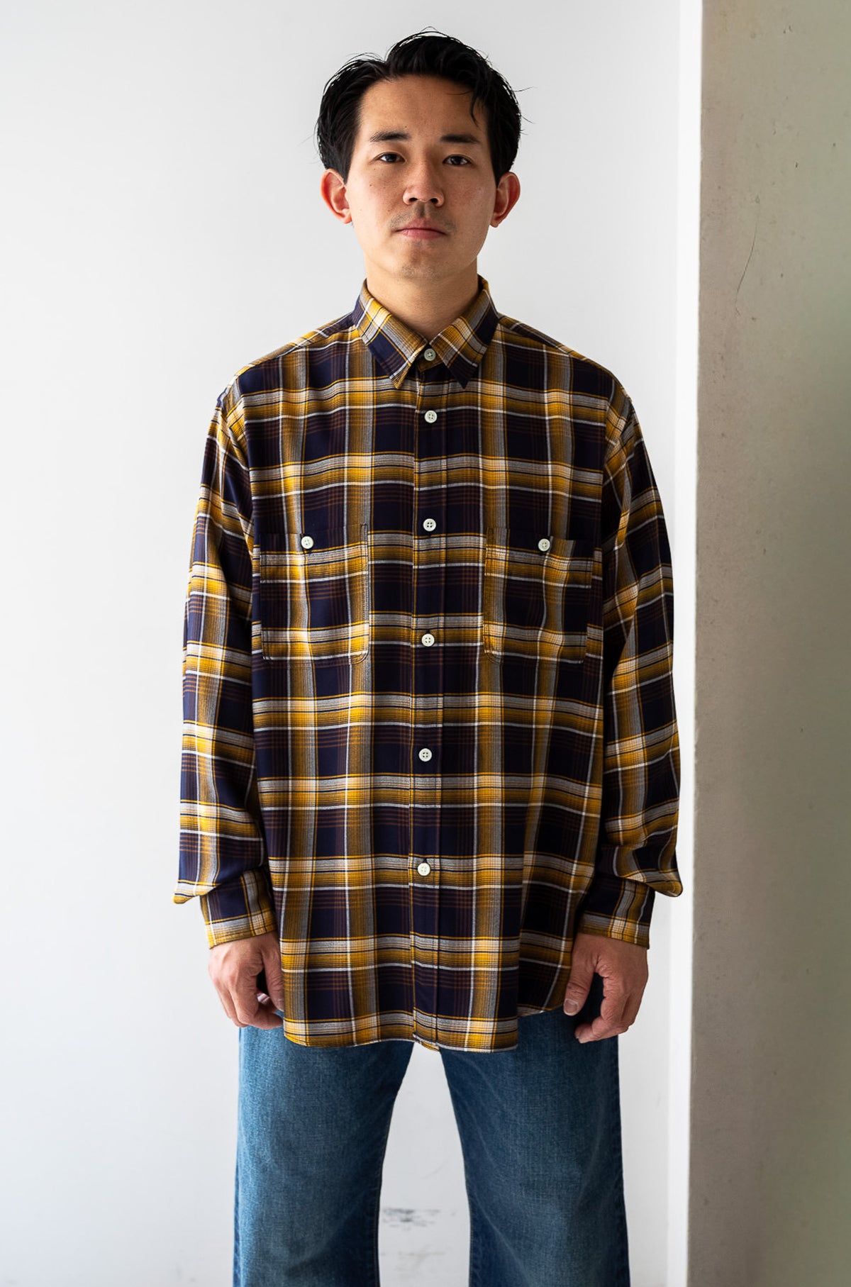 Lazy Luxe Rayon Shirt – Rayon Plaid 〈NAVY × YELLOW〉