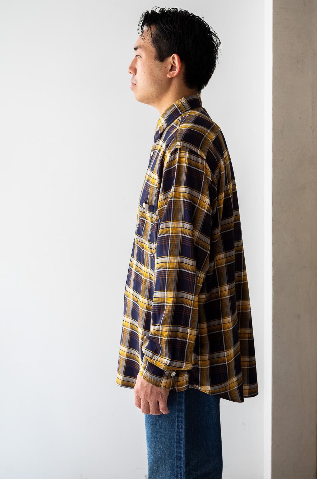 Lazy Luxe Rayon Shirt – Rayon Plaid 〈NAVY × YELLOW〉