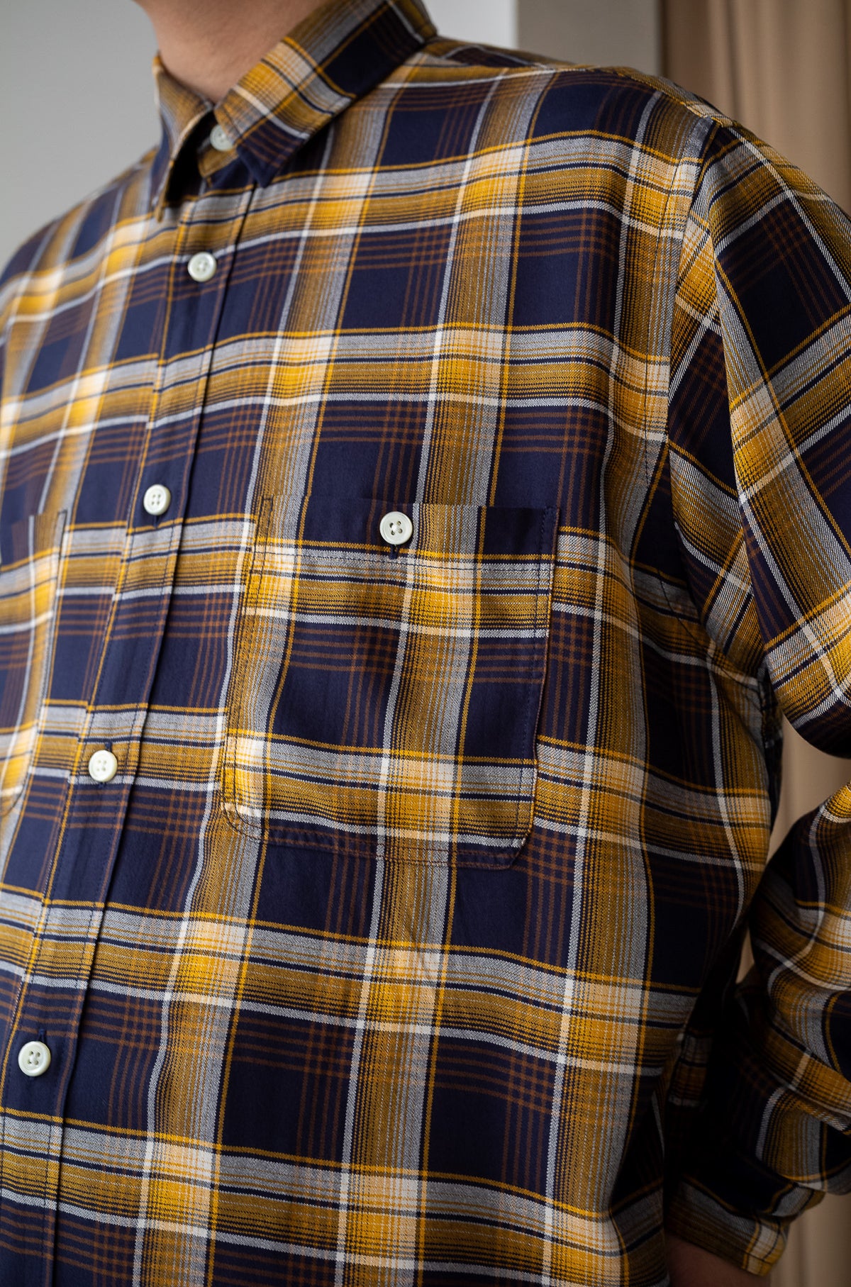Lazy Luxe Rayon Shirt – Rayon Plaid 〈NAVY × YELLOW〉