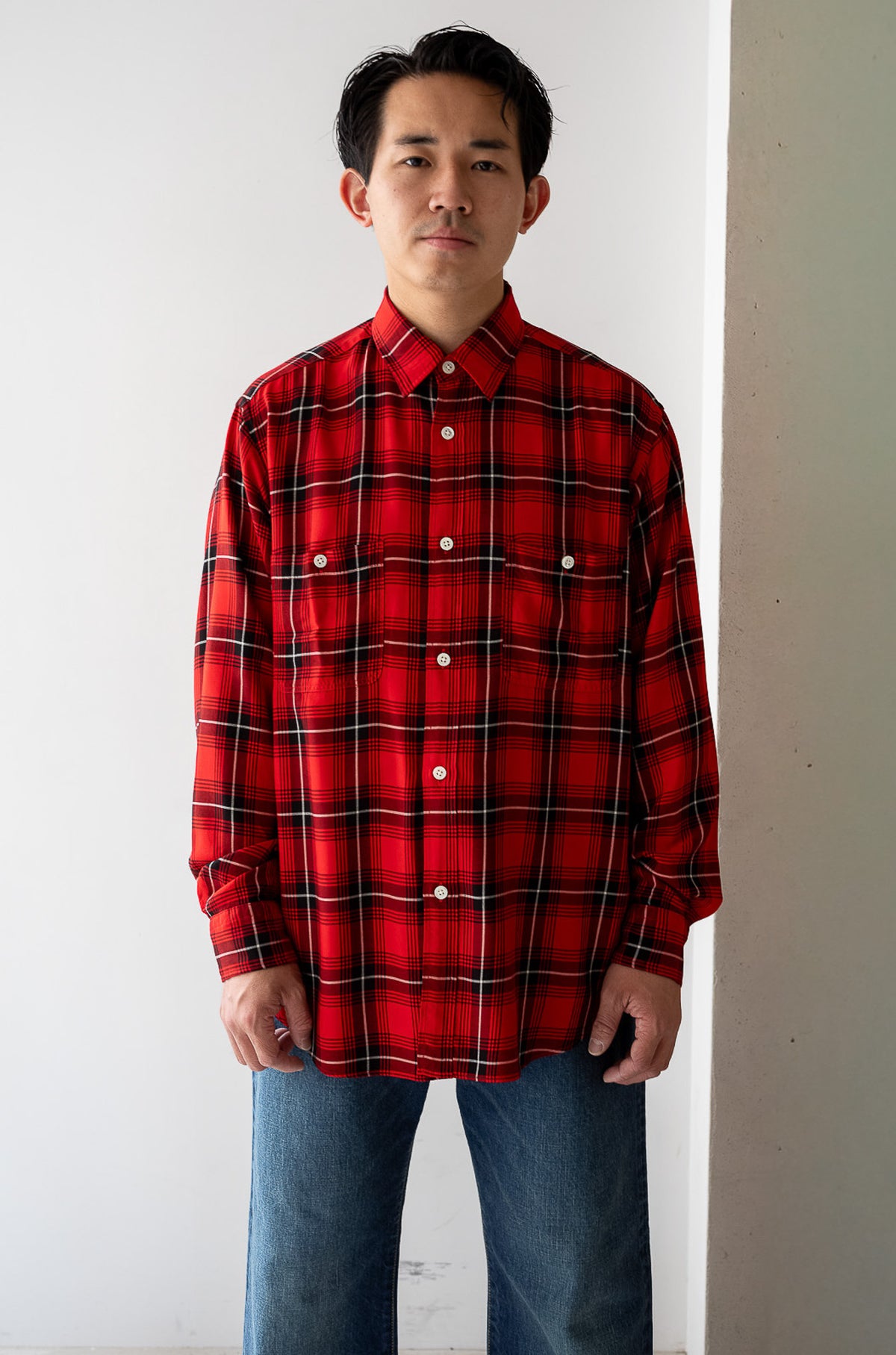 Lazy Luxe Rayon Shirt – Rayon Plaid 〈RED × BLACK〉
