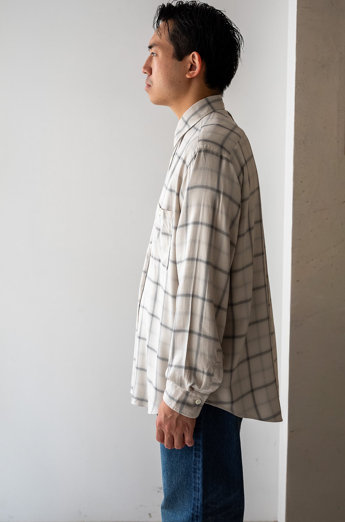Lazy Luxe Rayon Shirt – Rayon Plaid 〈STONE GRAY〉