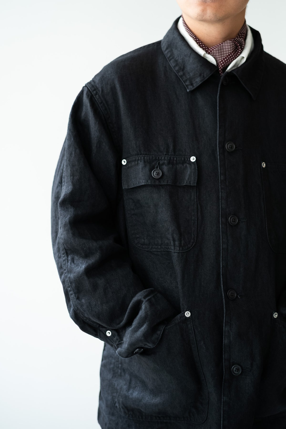 Washed Linen Denim Chore Blouson 〈NOIR〉