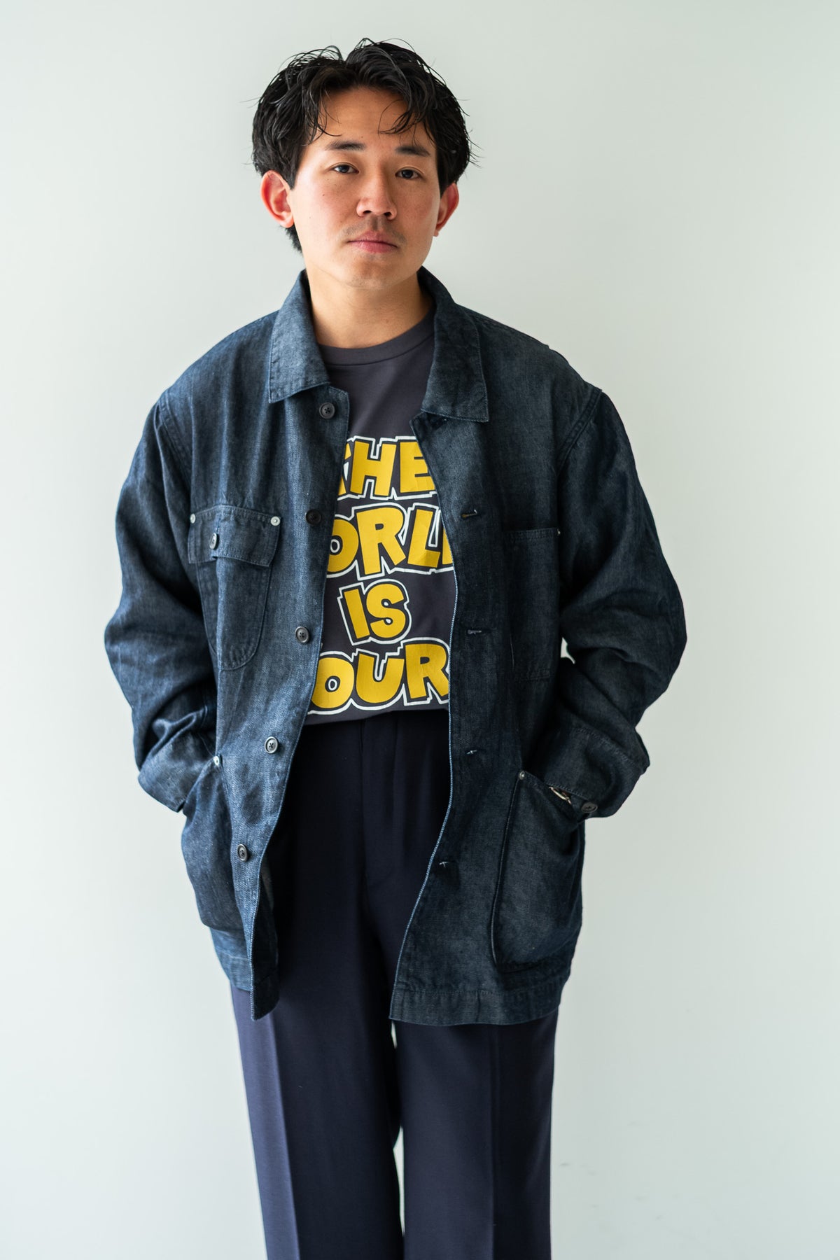 Washed Linen Denim Chore Blouson 〈INDIGO〉