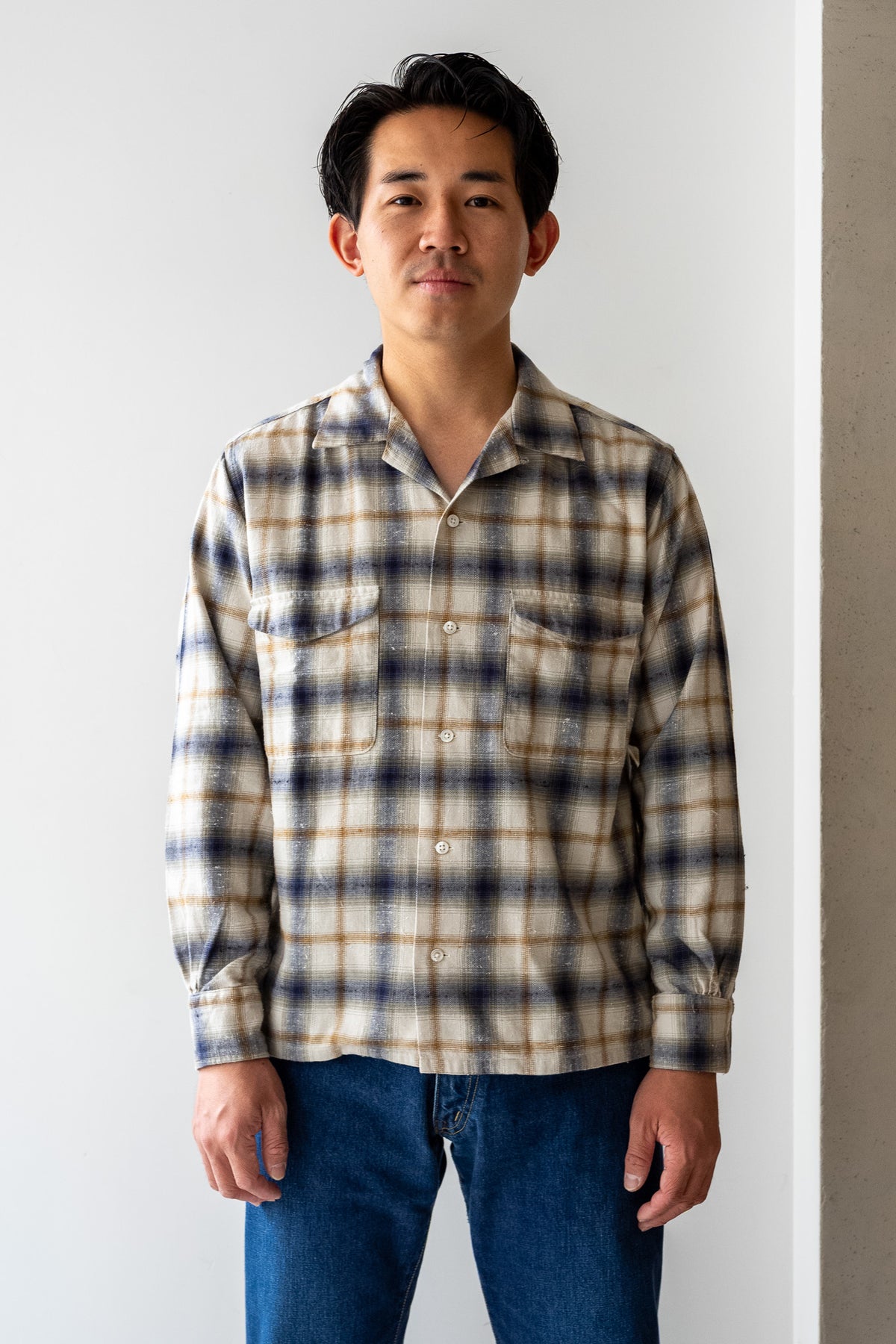 Brushed Nep Check Open Collar Shirt 〈MILK BASE〉