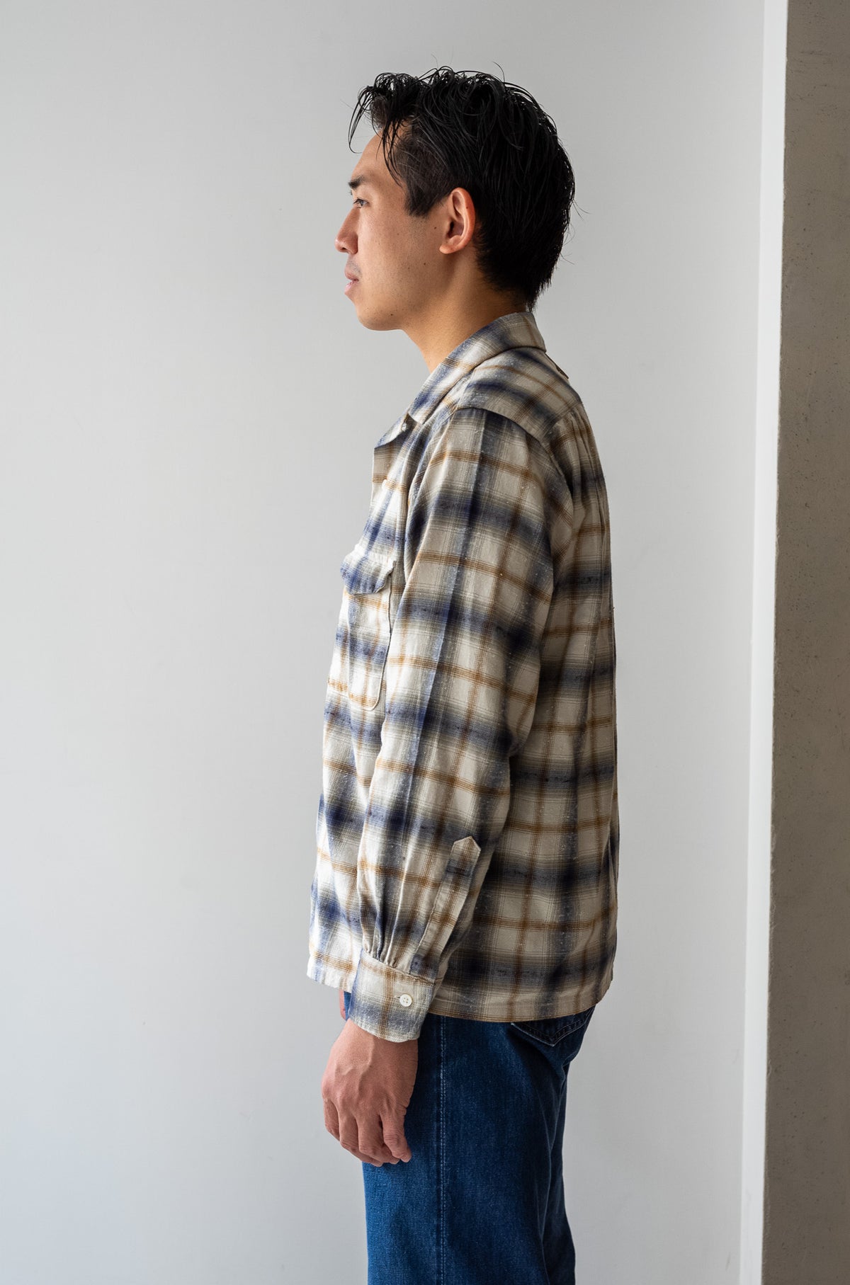 Brushed Nep Check Open Collar Shirt 〈MILK BASE〉