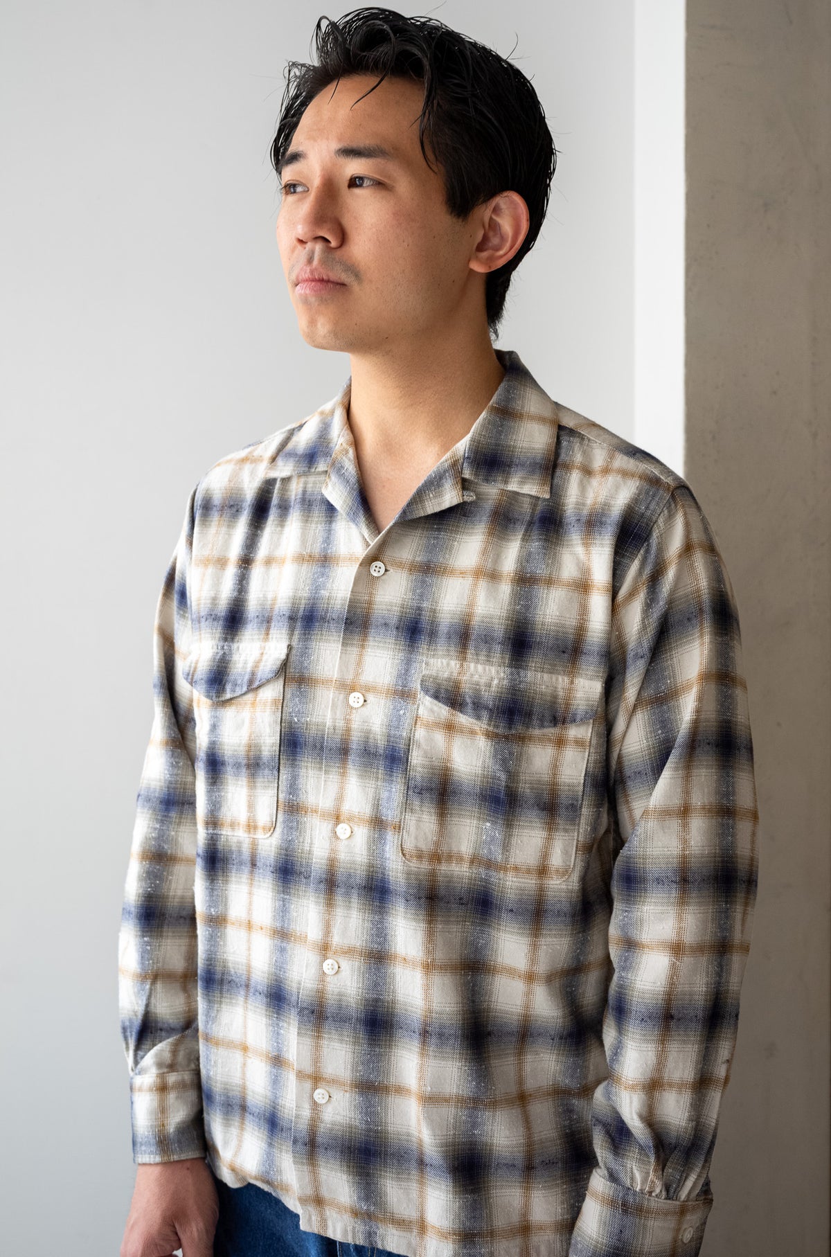Brushed Nep Check Open Collar Shirt 〈MILK BASE〉