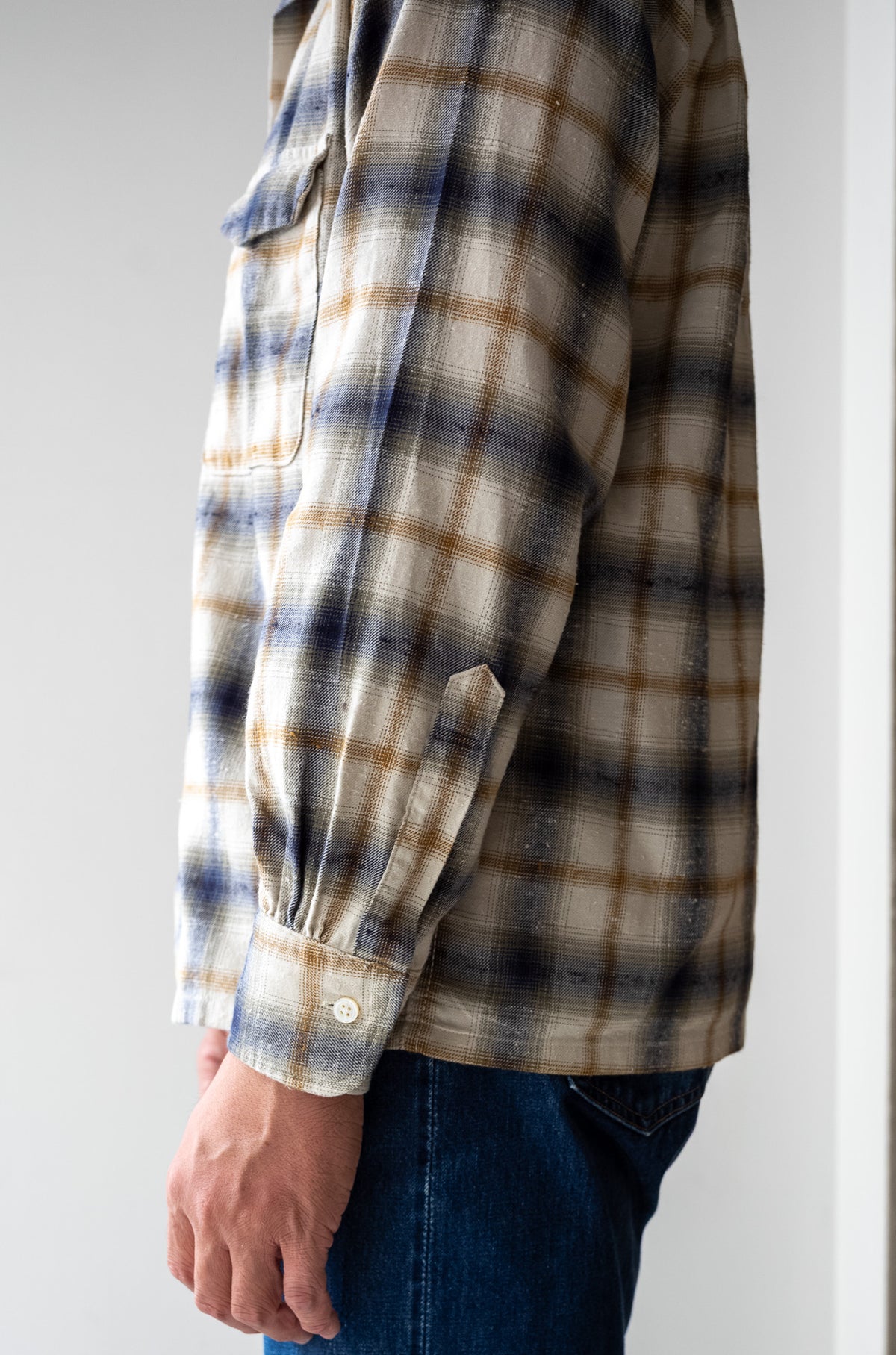 Brushed Nep Check Open Collar Shirt 〈MILK BASE〉