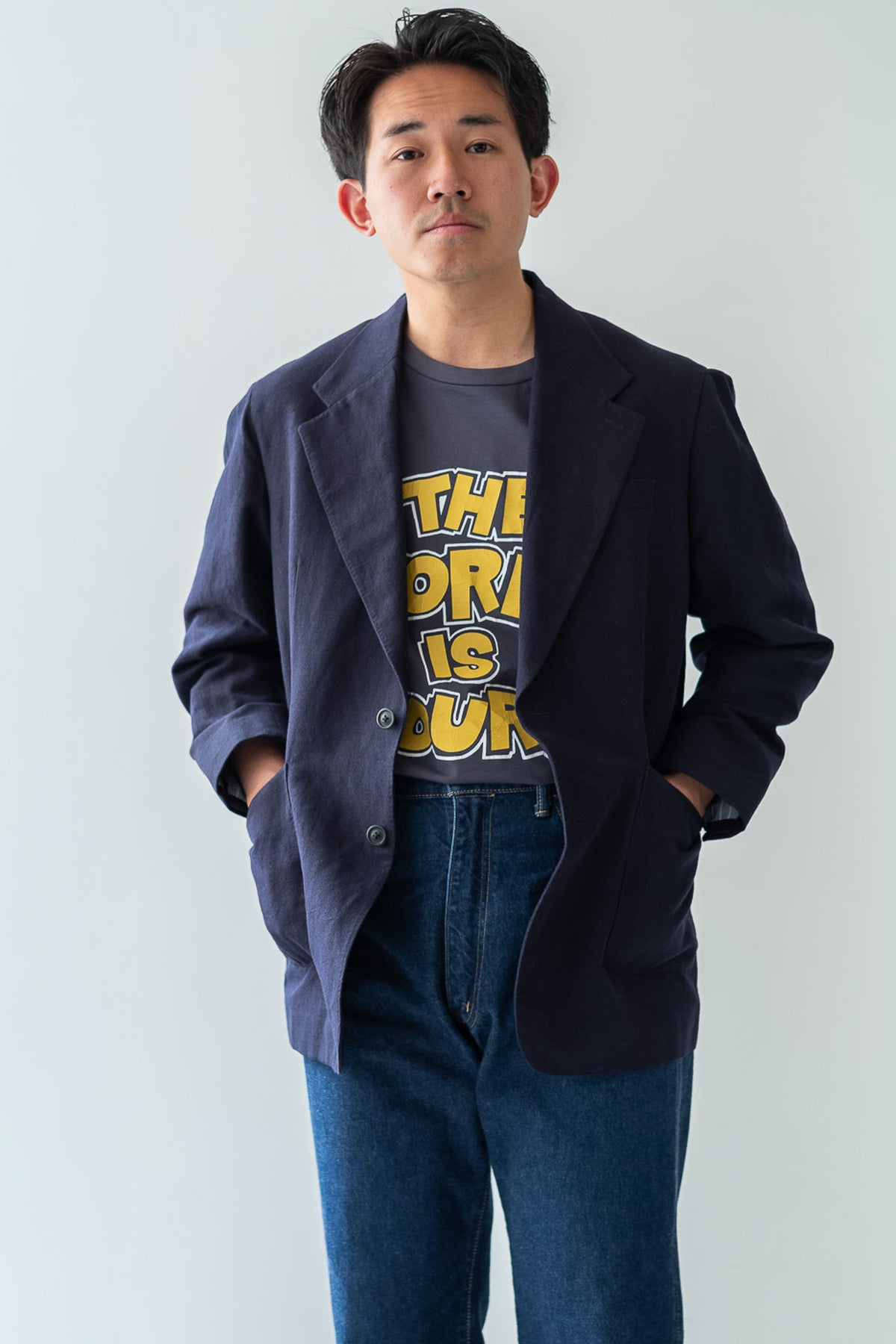 Soft Linen Unstructured Tailored Jacket  〈NAVY〉