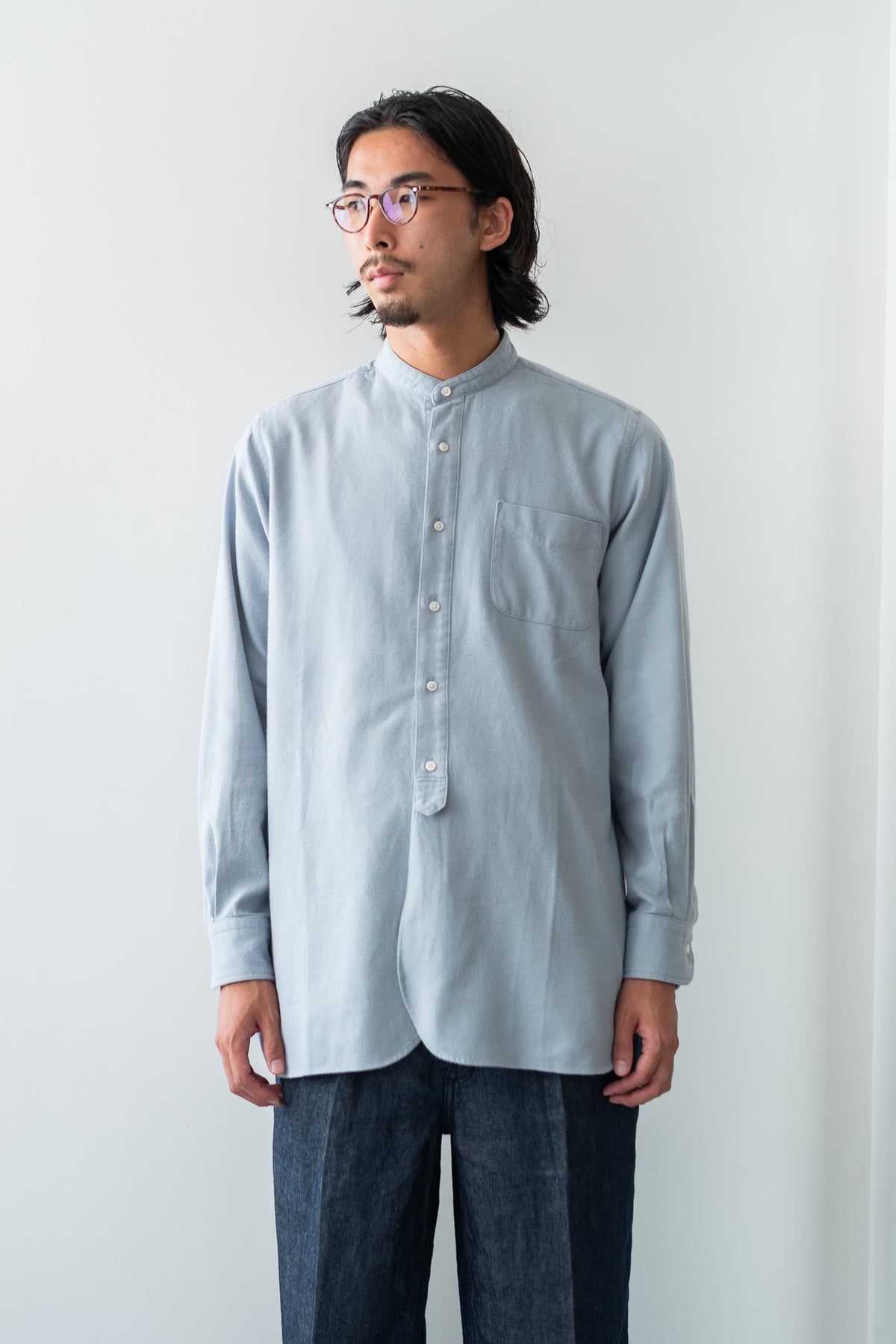 The Band Collar Shirt-FLANNEL 〈AZURE BLUE〉
