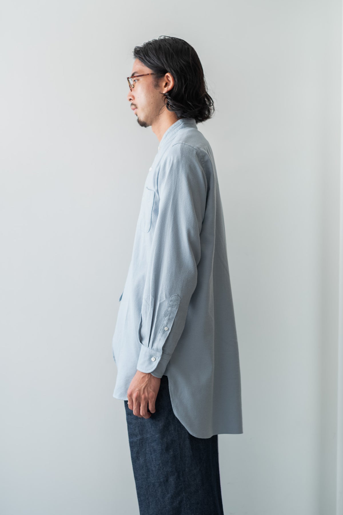 The Band Collar Shirt-FLANNEL 〈AZURE BLUE〉