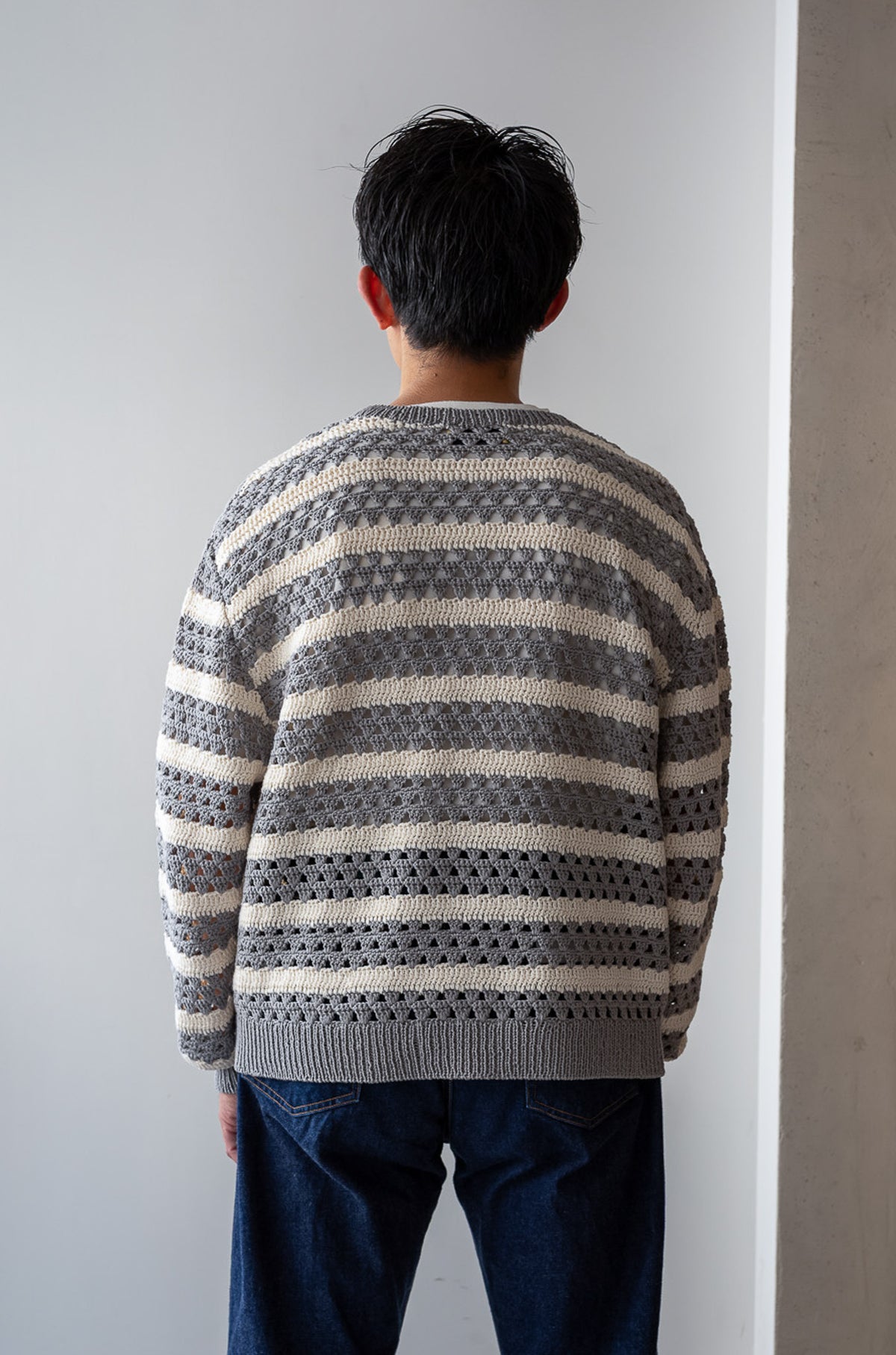 Crochet Horizontal Stripe Pullover 〈L/GRAY × MILK〉