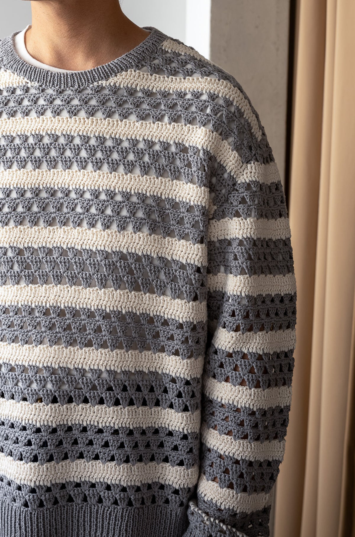 Crochet Horizontal Stripe Pullover 〈L/GRAY × MILK〉