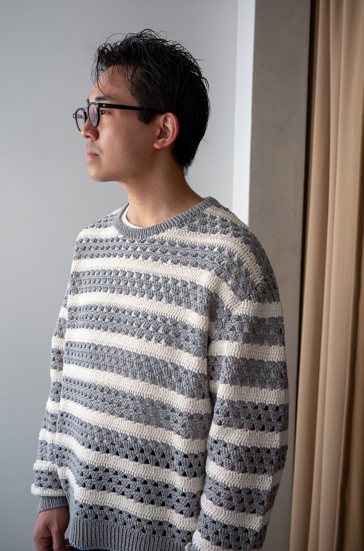 Crochet Horizontal Stripe Pullover 〈L/GRAY × MILK〉