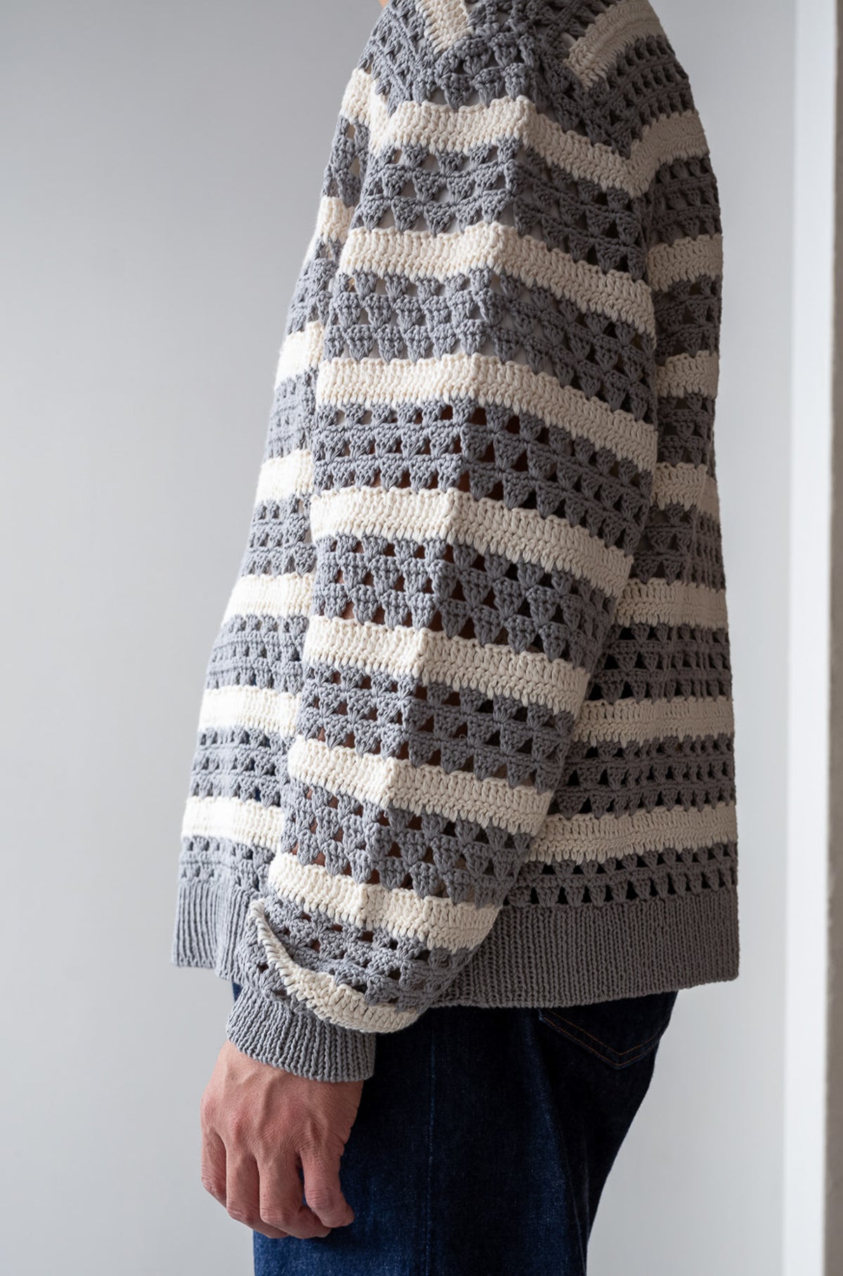Crochet Horizontal Stripe Pullover 〈L/GRAY × MILK〉