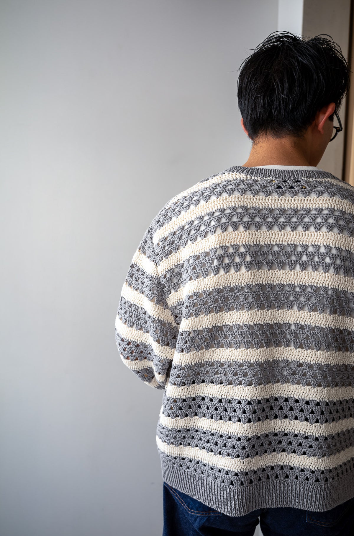Crochet Horizontal Stripe Pullover 〈L/GRAY × MILK〉