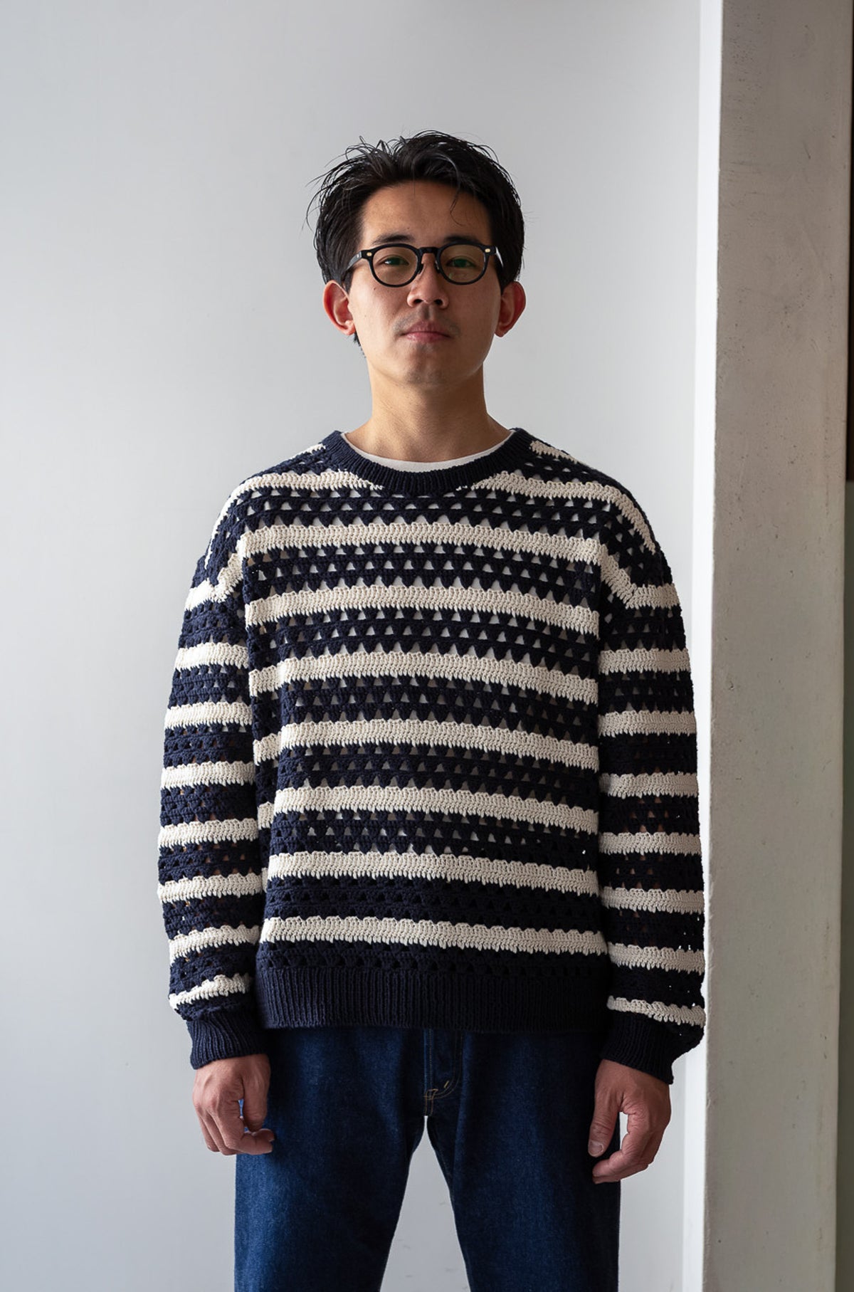 Crochet Horizontal Stripe Pullover 〈NAVY × MILK〉