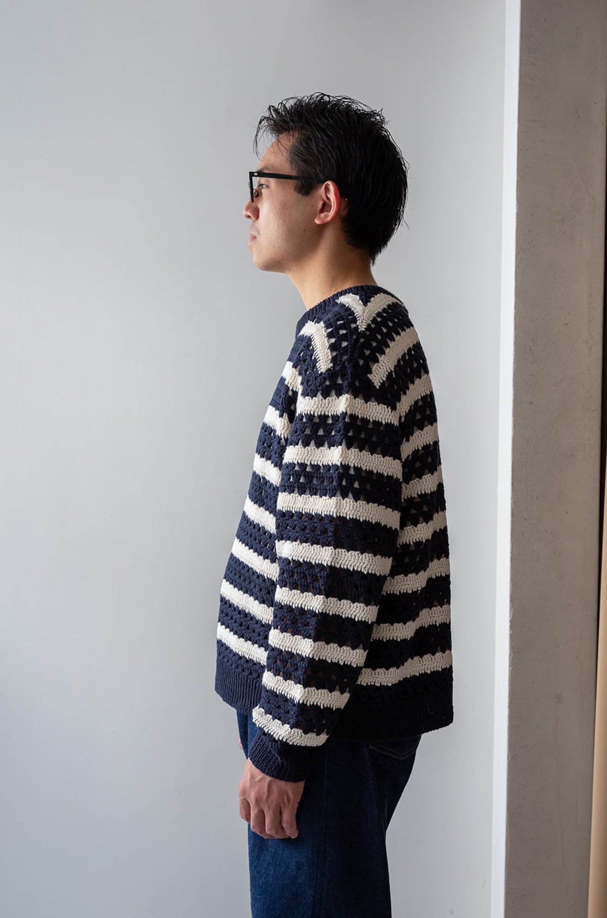 Crochet Horizontal Stripe Pullover 〈NAVY × MILK〉
