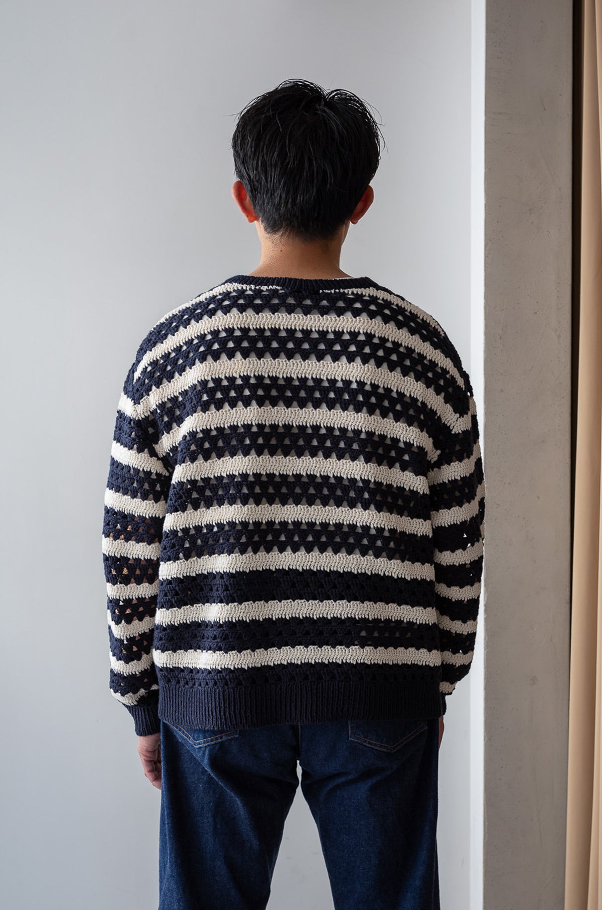 Crochet Horizontal Stripe Pullover 〈NAVY × MILK〉