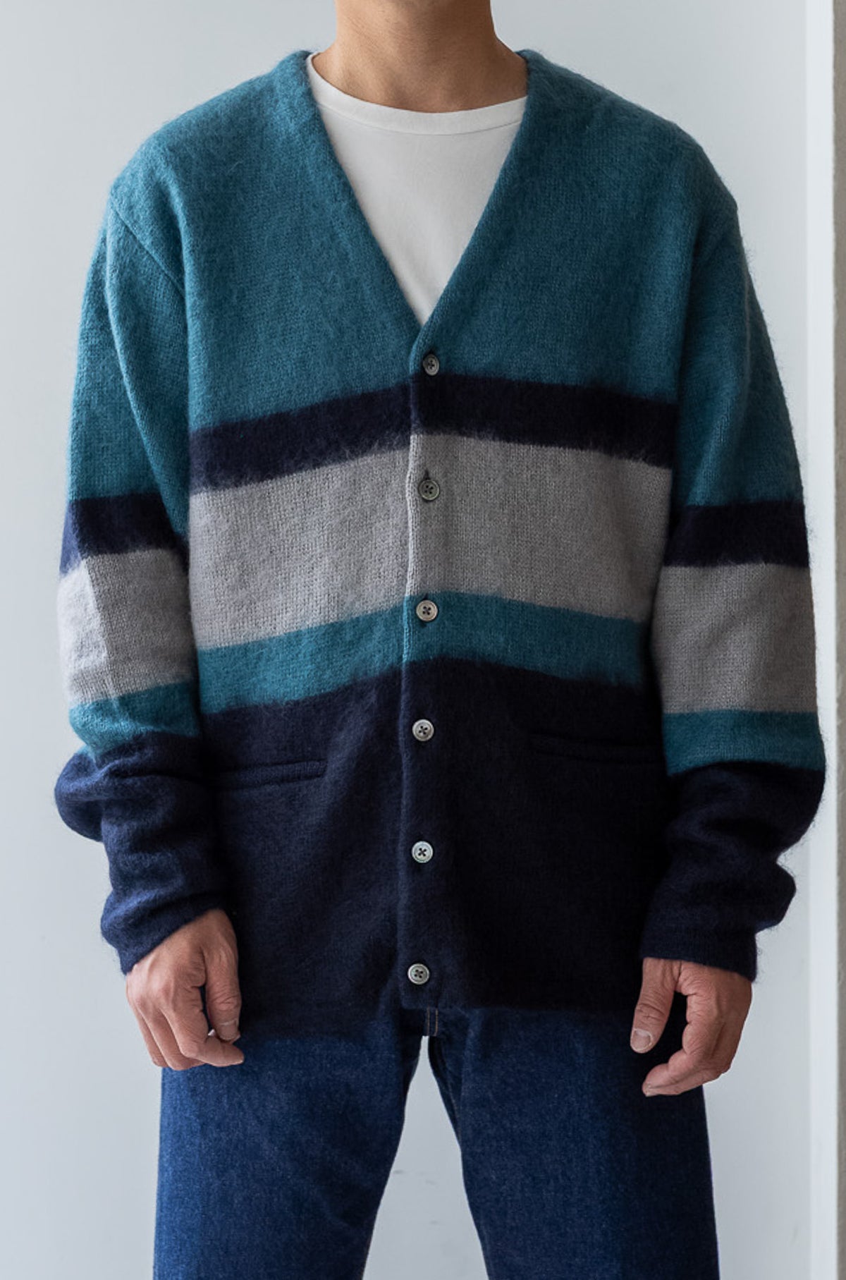Stupid Shaggy Panel Cardigan〈NAVY BASE〉